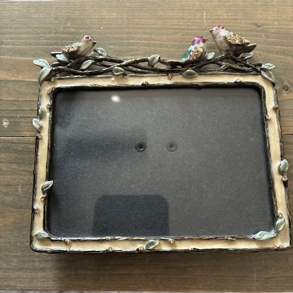 Metal Enamel Picture Frame with Birds and Vines Rhinestones 4 X 5
